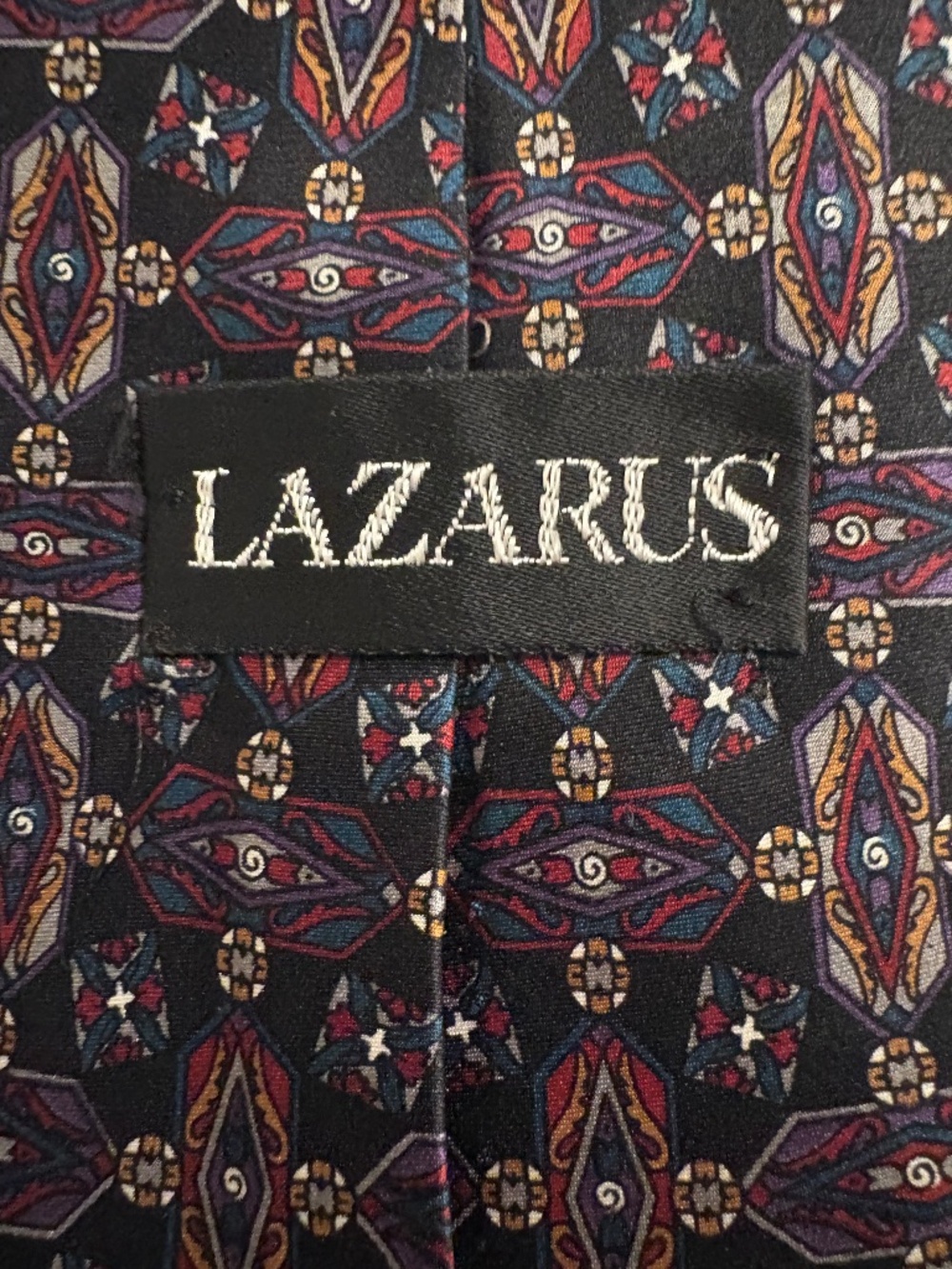 Vintage Lazarus Silk Tie Blue Burgundy Gold Geometric Retro 4" Blade